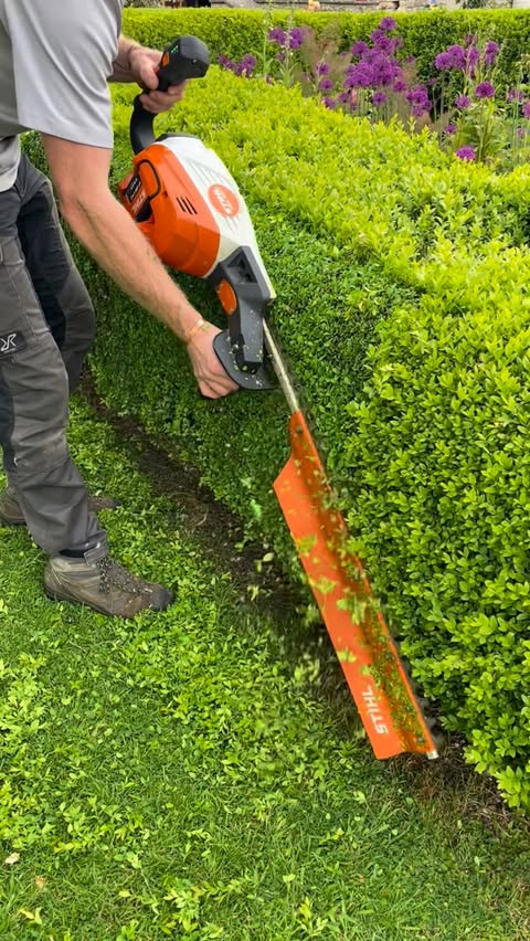 Instagram post by @gttrees_ for STIHL. Caption reads: [...] edges… 😙🤌🏻🍃 Clipping buxus with the....