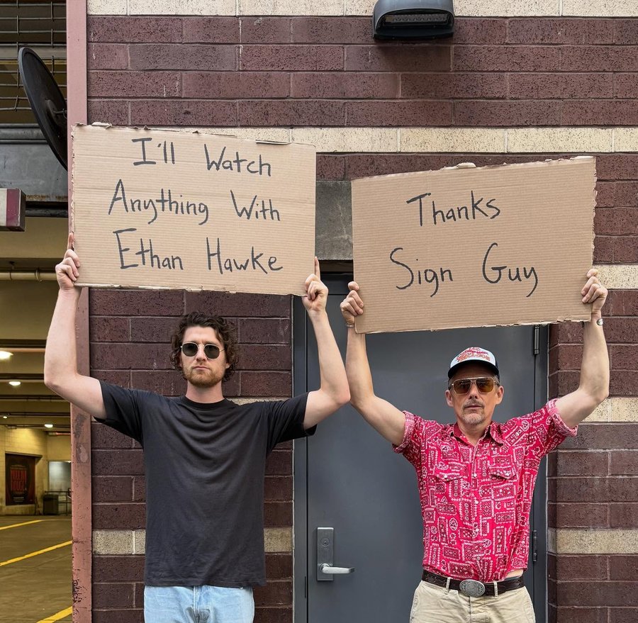 Instagram post by @ethanhawke for FX Networks. Caption reads: @ethanhawke 🤝 @dudewithsign 

@fxnetworks The....