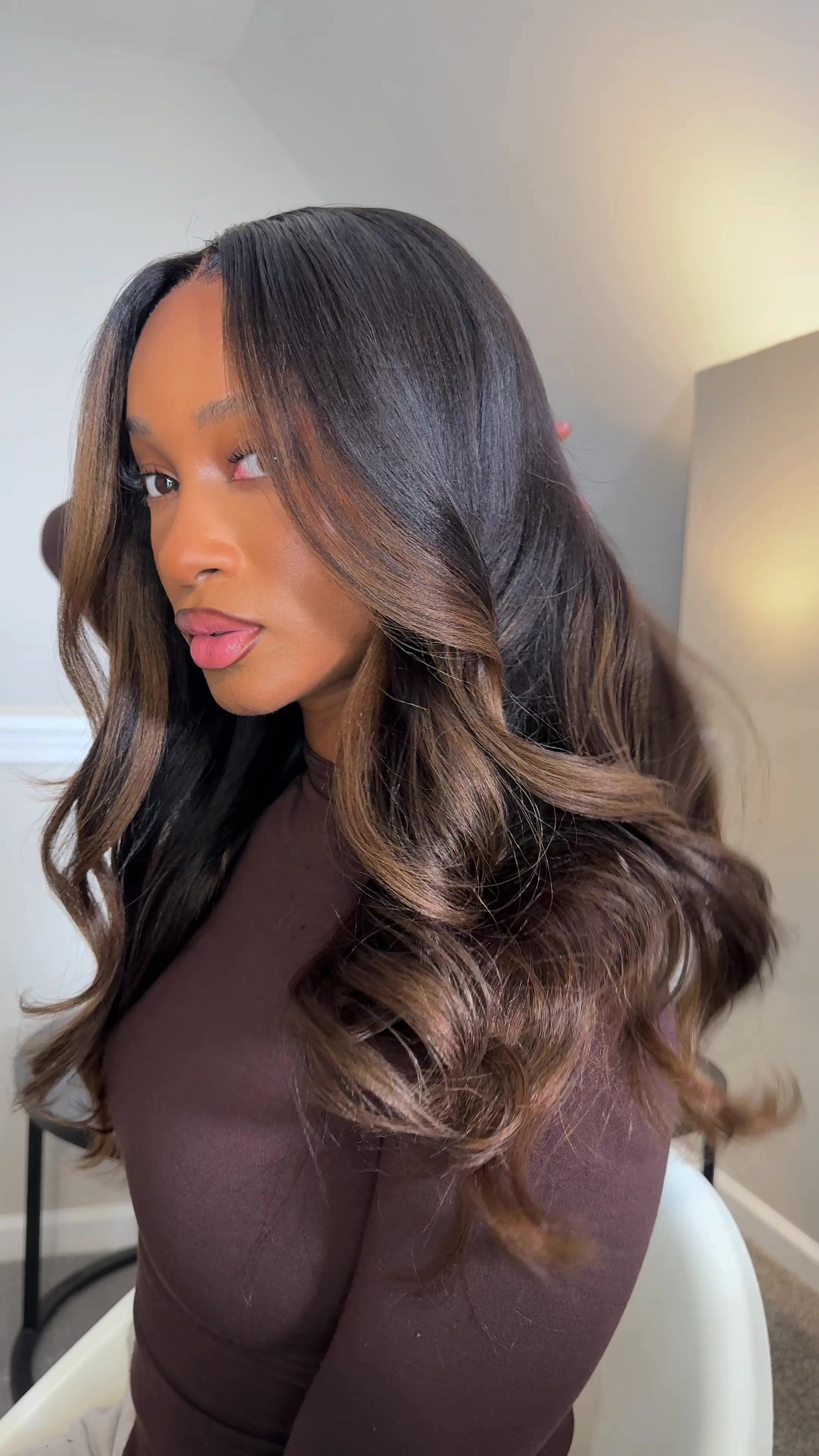 TikTok post by @_pjwest for Klaiyi Hair. Caption reads: [...] chestnut brown ombré wig is from @Klaiyi....