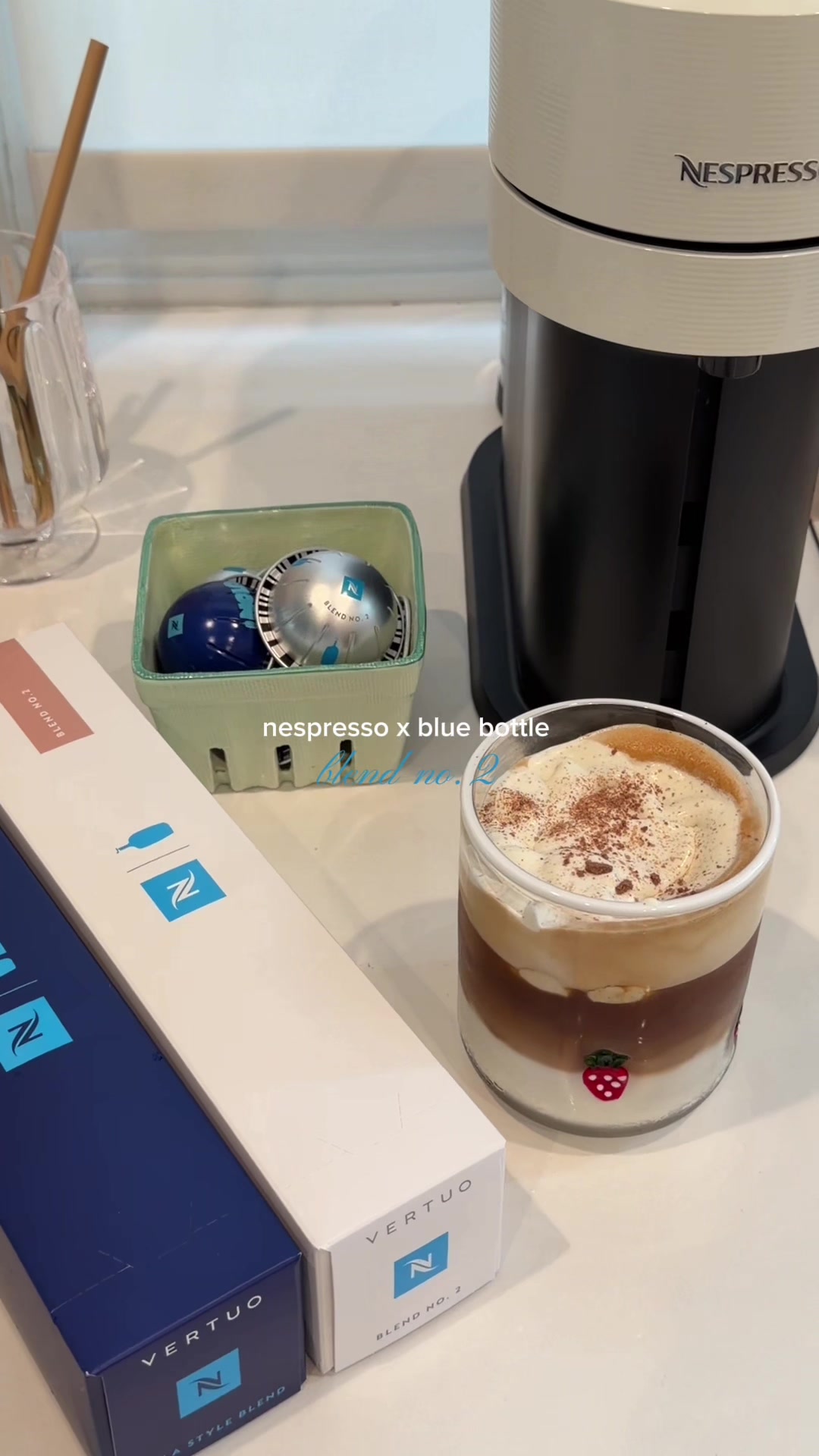 TikTok post by @chlsealu for Blue Bottle Coffee. Caption reads: [...] blue color combo 🩵🤍 @Nespresso @Blue....