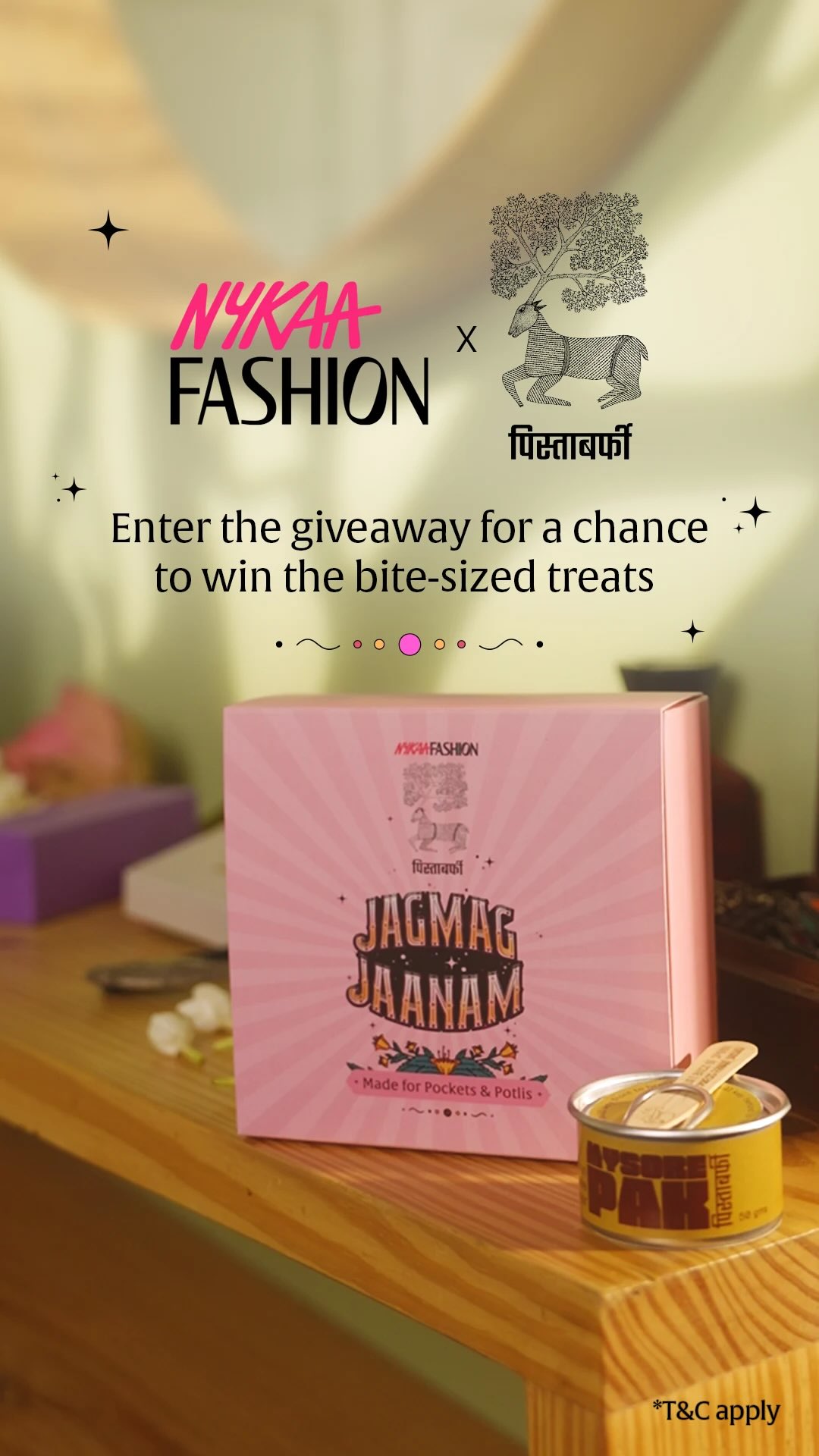 Instagram post by @pistabarfimithai for Nykaa Fashion. Caption reads: 💗 GIVEAWAY ALERT 💗

Pocket-sized mithai made for....