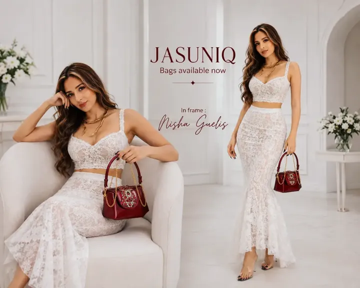 Instagram post by @nishagueliss for NEWME. Caption reads: [...] #jasuniqbags ✨click product Outfit -....