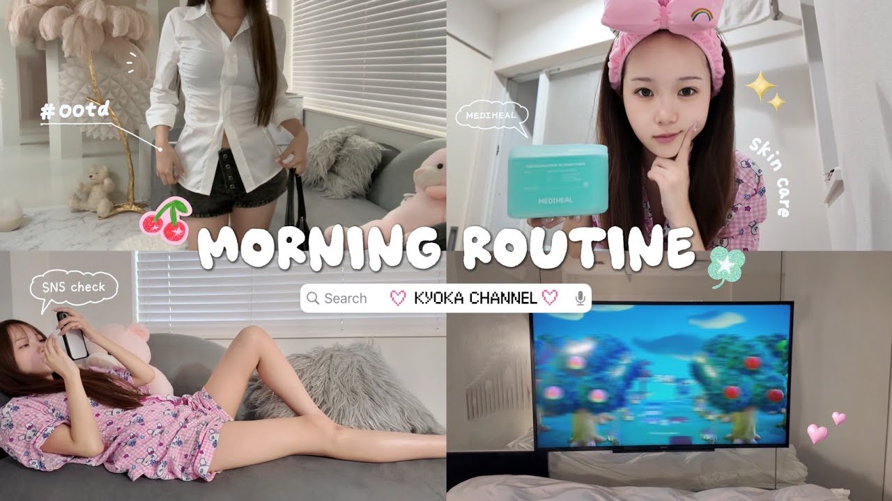 YouTube post by @_kyokachannel for Qoo10. Caption reads: [Morning Routine] College Girl 🎀 Pre- outing....