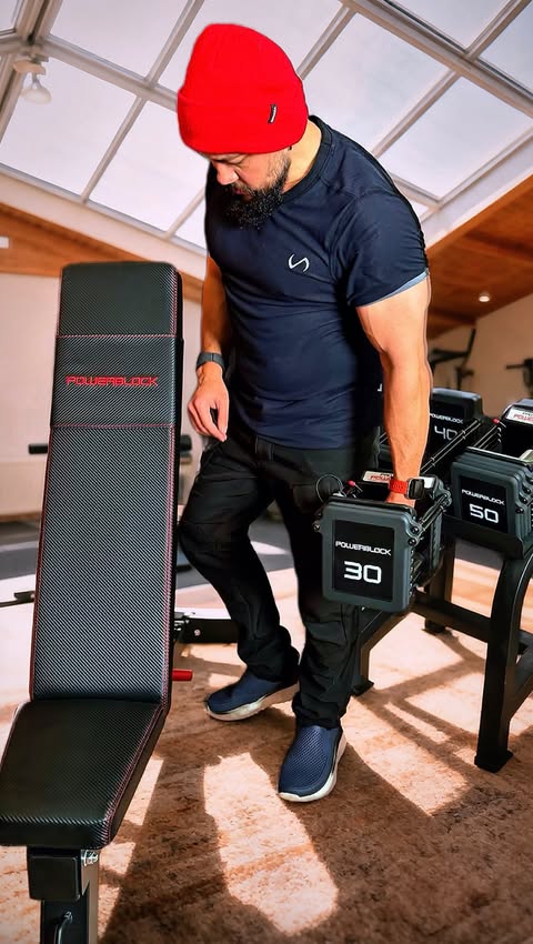 Instagram post by @tarikdeliktas for PowerBlock. Caption reads: I finally added the PowerBench 2.0 to my setup,....