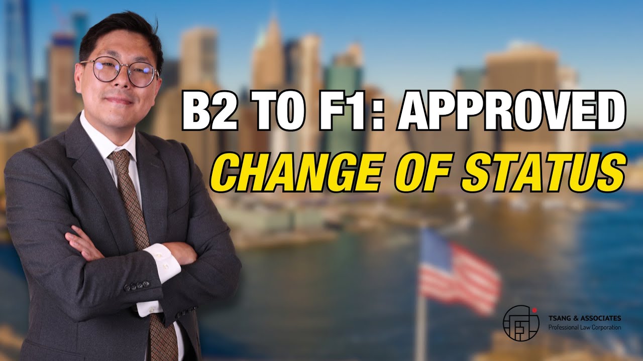 YouTube post by @TsangAssociatesPLC for Yelp. Caption reads: Change of Status RFE Approved! B2 to F1 (USCIS Is....