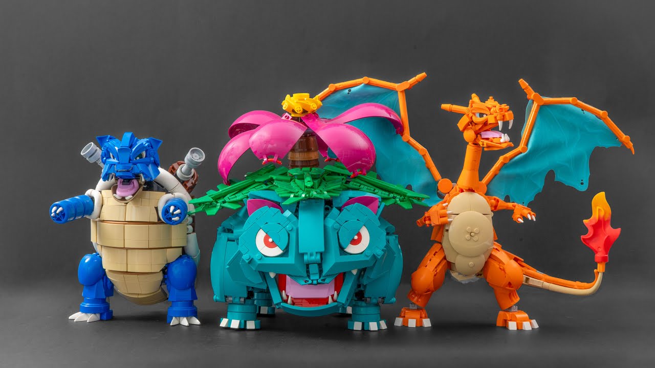 YouTube post by @MitchBuilds for Flickr. Caption reads: I built ALL 3 Starter Pokemon with LEGO!.