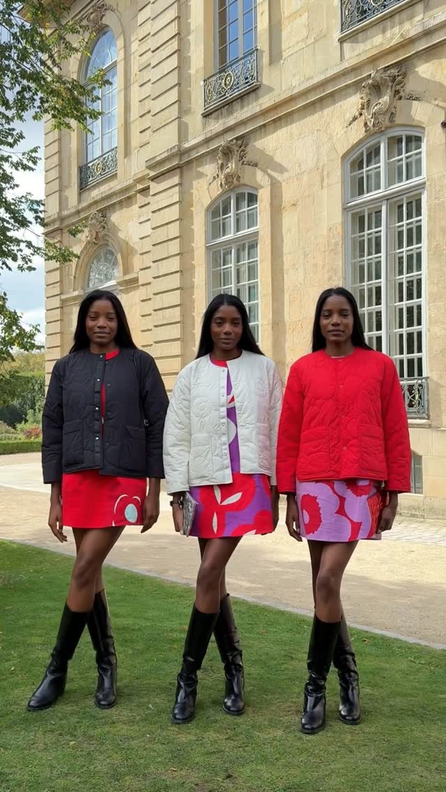 Instagram post by @thetripletsaa for Marimekko. Caption reads: Outfits check 🌸 @marimekko marimini x3.