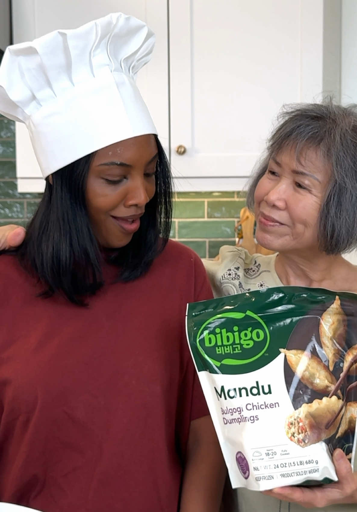 TikTok post by @thesingfamily for bibigo USA. Caption reads: [...] "recipe" isn't so secret anymore 🥟 @bibigo....