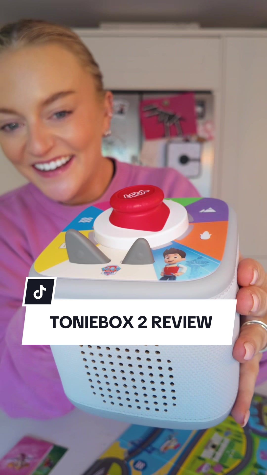 TikTok post by @kellymedinaenos for tonies. Caption reads: The @tonies UK Toniebox 2 has arrived! And here’s....