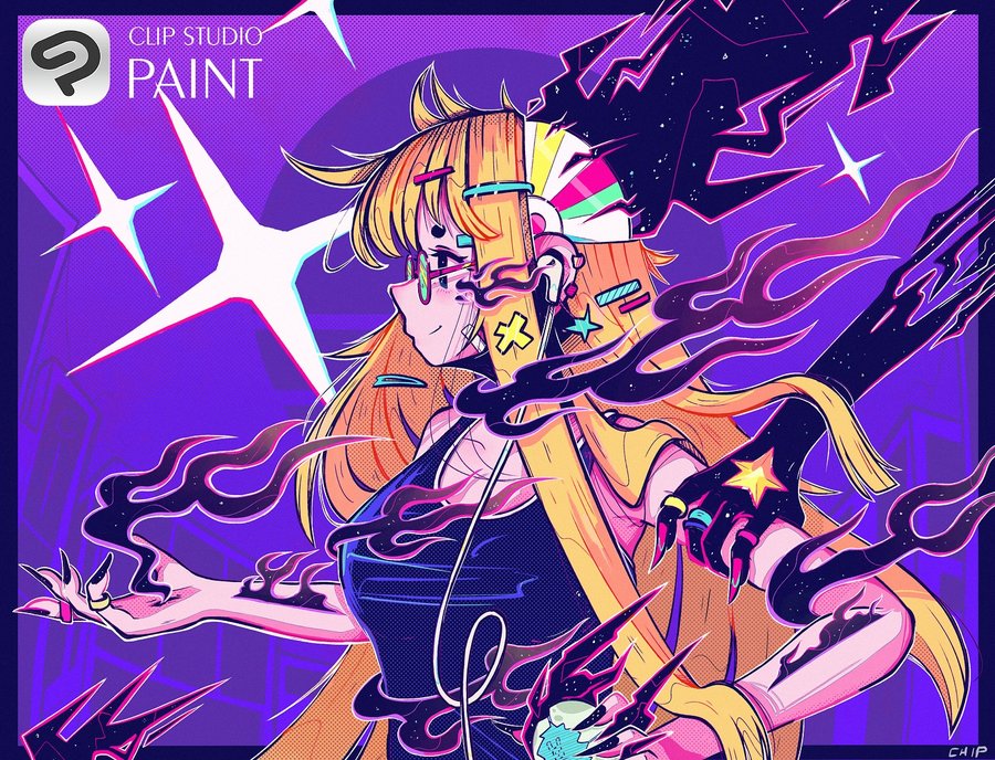 Instagram post by @chip.illus for Clip Studio Paint. Caption reads: [...] digital art I have been using Clip Studio....