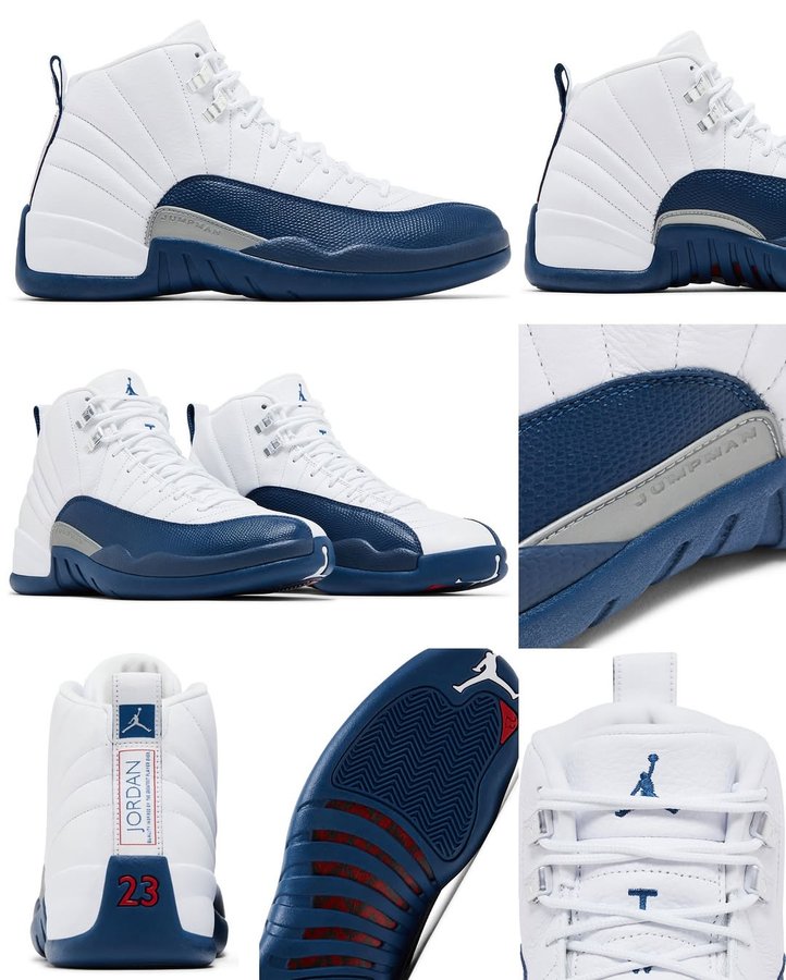 Instagram post by @zsneakerheadz for GOAT. Caption reads: 2025 “French Blue” Jordan 12 detailed look!....
