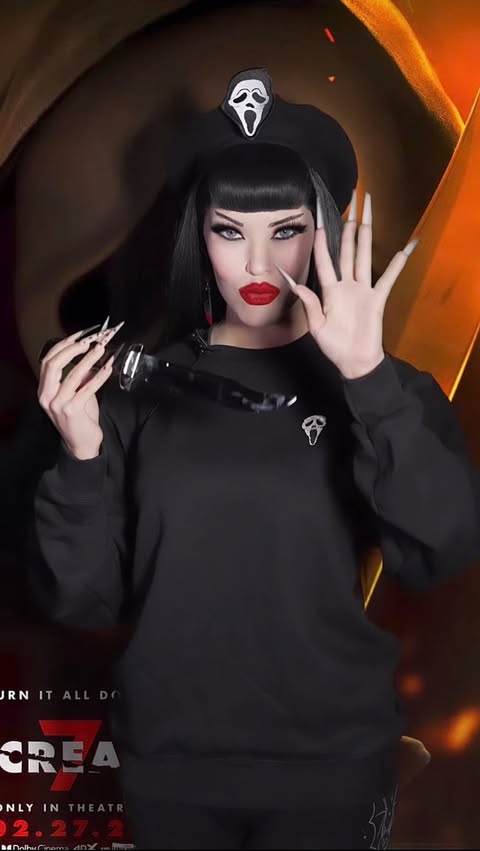 Instagram post by @victoriavenin for Paramount Pictures. Caption reads: 🔪🔥🩸👻🩸🔥🔪 Fear hits home this February 27th....