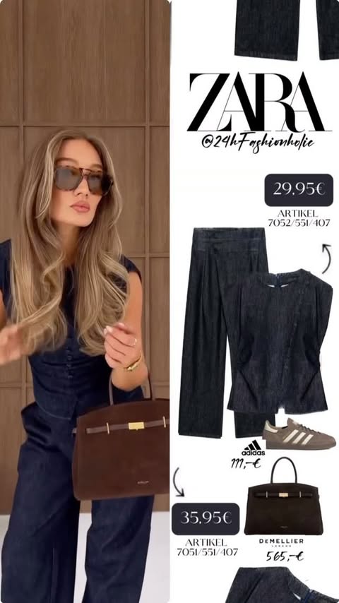 Instagram post by @24hfashionholic for ZARA. Caption reads: So in love with this ZARA denim set 🍒💋🍷 Top für....