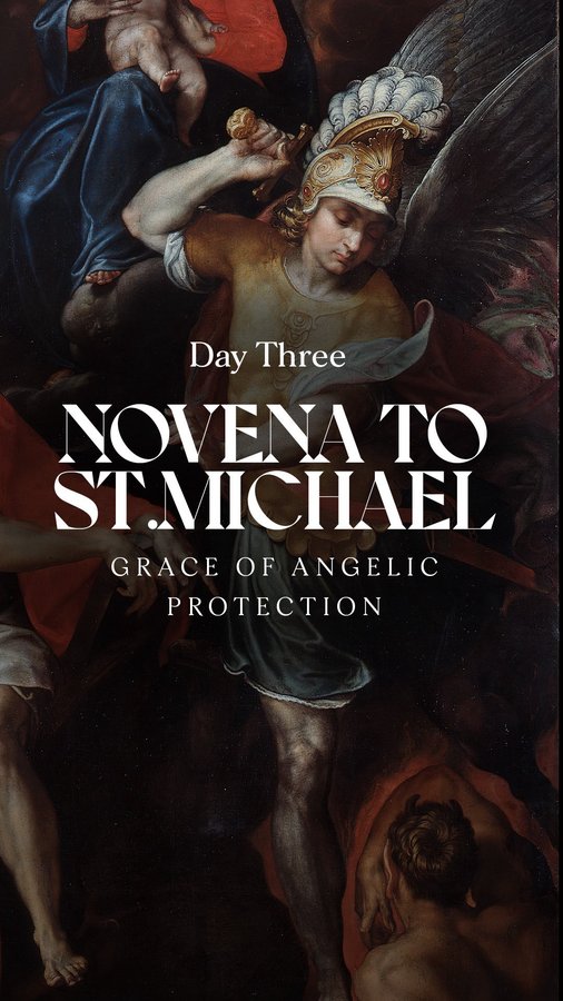 Instagram post by @st.michaelsabbey for Hallow. Caption reads: Novena to St. Michael - Day 3

The third day of....