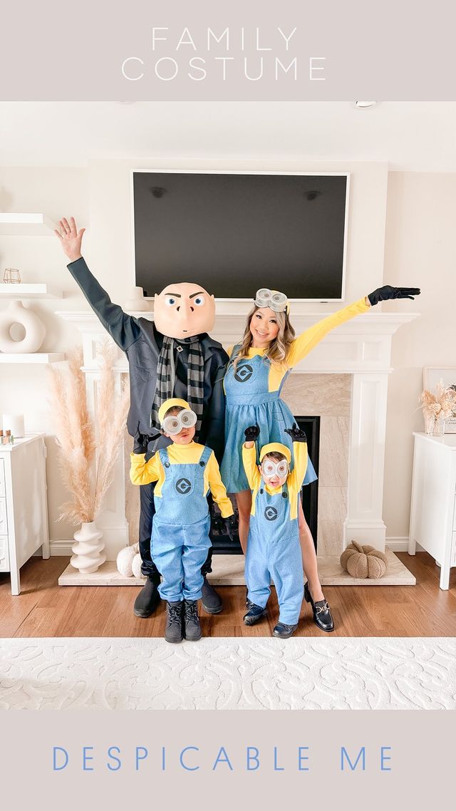 Instagram post by @with.love.mable for Halloween Costumes. Caption reads: MEET GRU & HIS MINIONS! 💛🍌💙

My real life....