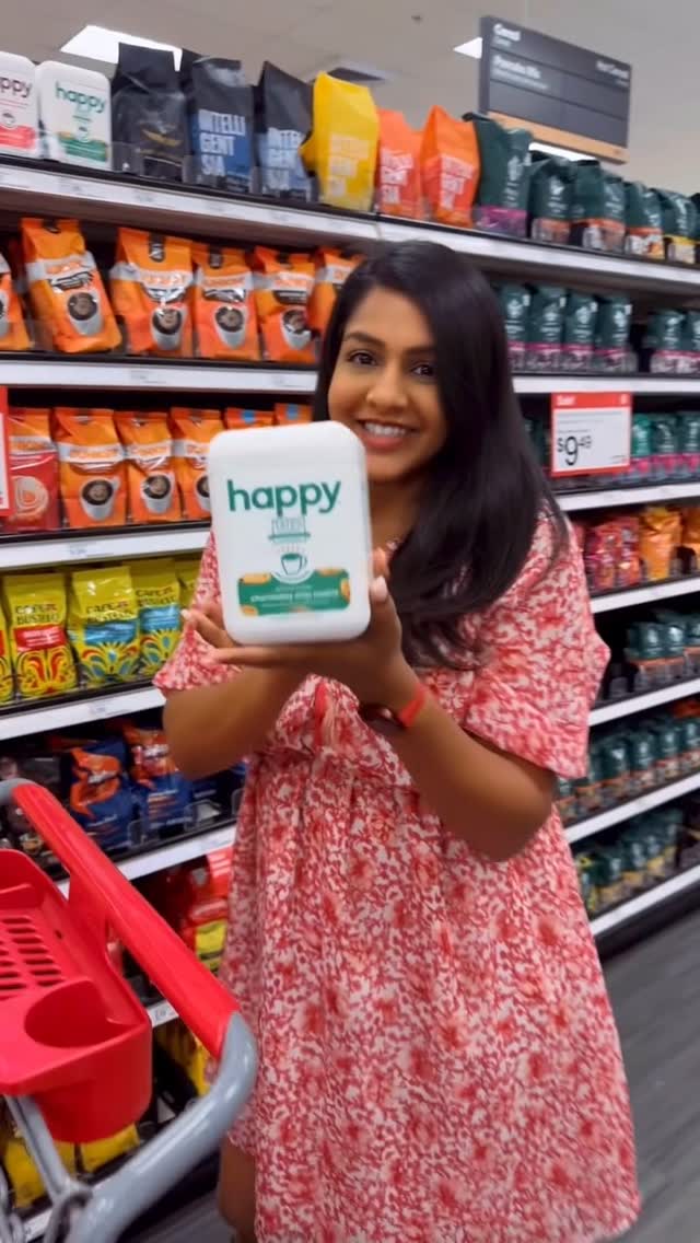 Instagram post by @cherekeerthana for Happy Products. Caption reads: Coffee that smells like fresh-baked cookies? Count....