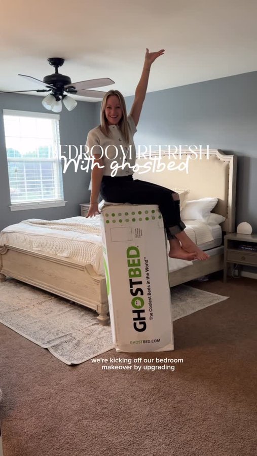 Instagram post by @mrsmeganjane for GhostBed. Caption reads: Starting our bedroom refresh where it matters most....