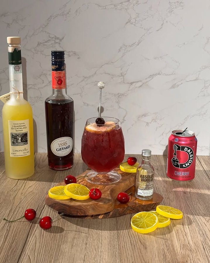 Instagram post by @geordieginqueen for Dalston's. Caption reads: Who knew cherries and lemons could make such a....