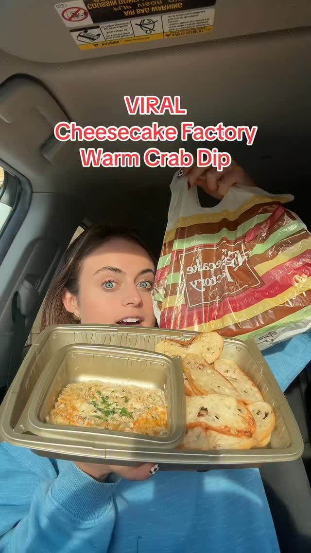Instagram post by @sarahmargareteats for The Cheesecake Factory. Caption reads: VIRAL Cheesecake Factory Warm Crab Dip....