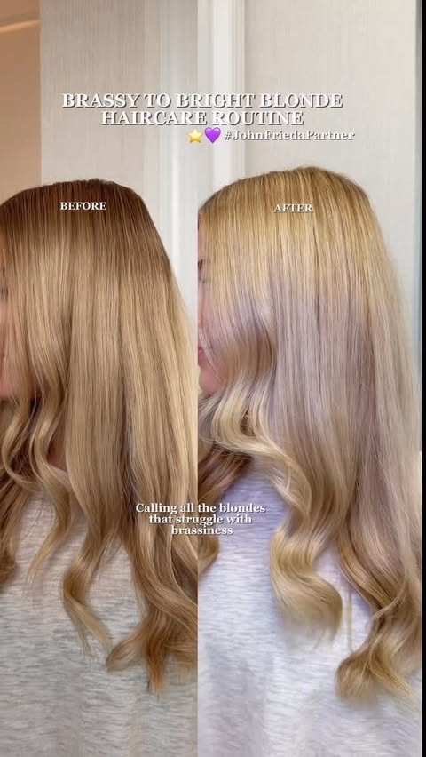 Instagram post by @jenna.evelynnn for John Frieda. Caption reads: Brassy blonde fix that actually works 💜
Used the....