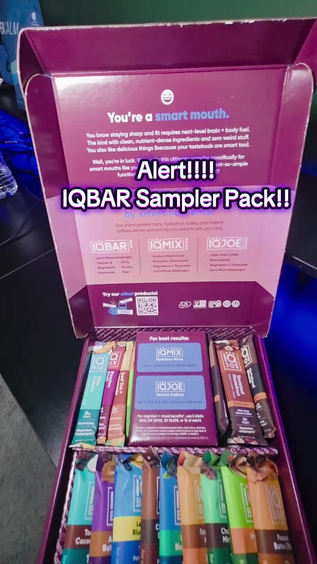 TikTok post by @tonyyolo12 for IQBAR. Caption reads: [...] mixes, and 4 instant coffees! @SHOP IQBAR....