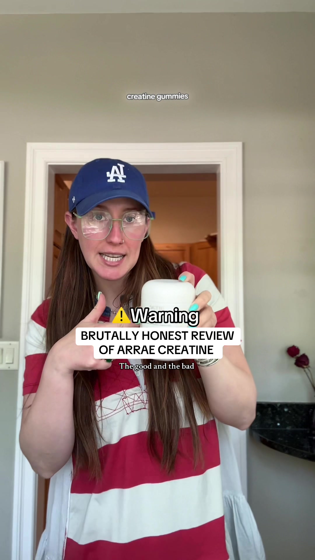 TikTok post by @hormonehealthbabe for Arrae. Caption reads: Brutally honest review of @Arrae creatine gummies....