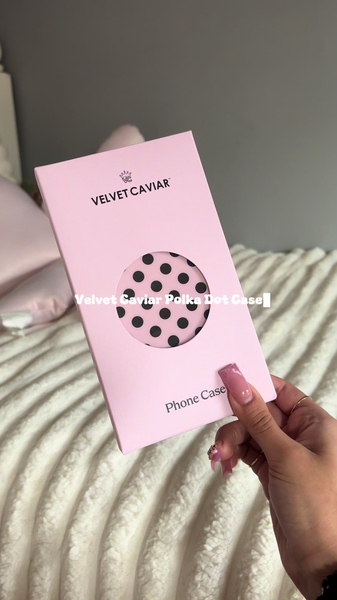 TikTok post by @lovelyyjj for VELVET CAVIAR. Caption reads: The cutest case 🩰 #velvetcaviar #polkadot....