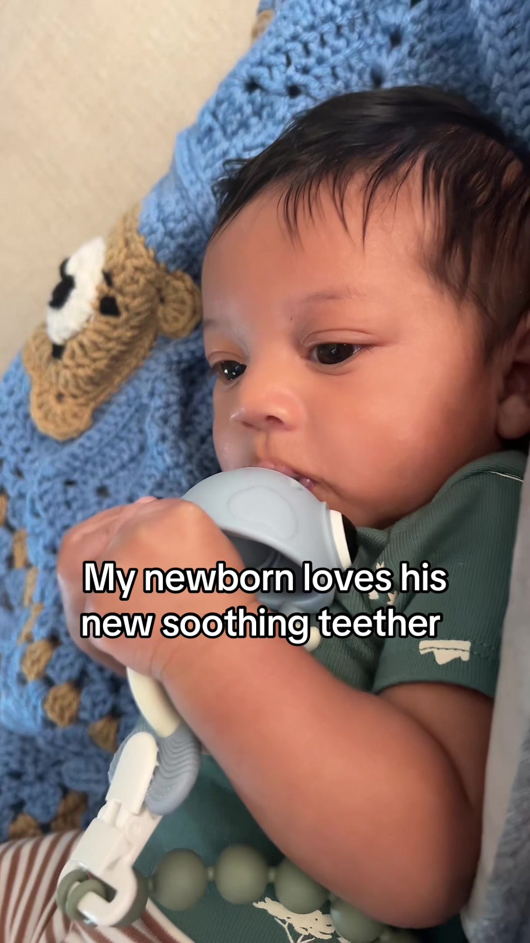 TikTok post by @sammiedropsgems for mombella official. Caption reads: This baby teether is the best for him so soothing!....