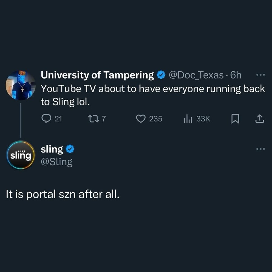 Instagram post by @hurdles for SLING TV. Caption reads: YouTubeTV subscribers have entered the transfer....