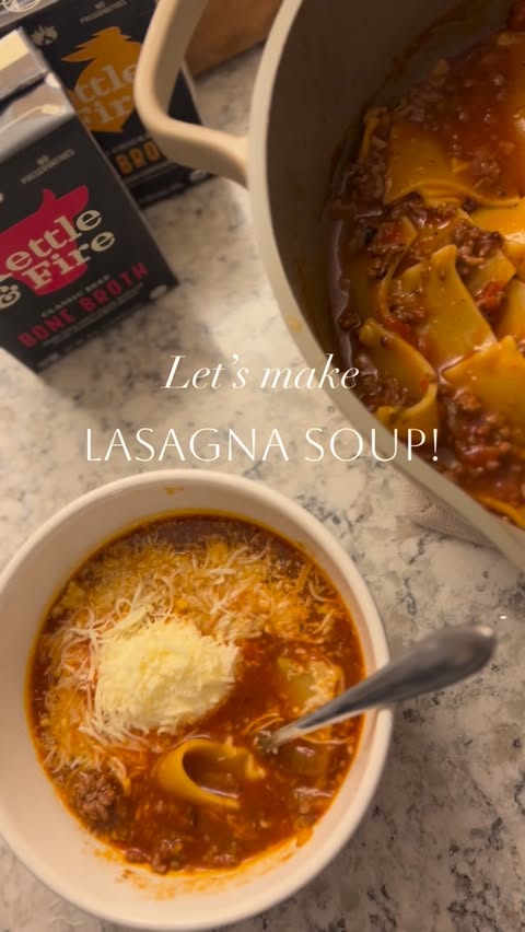 Instagram post by @edwardsfarmstead for Kettle & Fire. Caption reads: Comment SOUP for this This yummy, one pot lasagna....