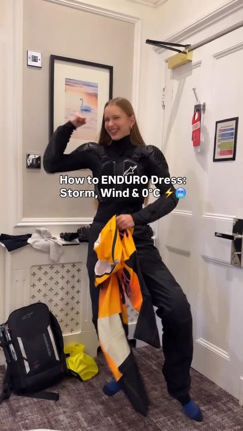 Instagram post by @dominika_rides for Alpinestars. Caption reads: Layered like an onion 🧅
Rode through wind, heavy....