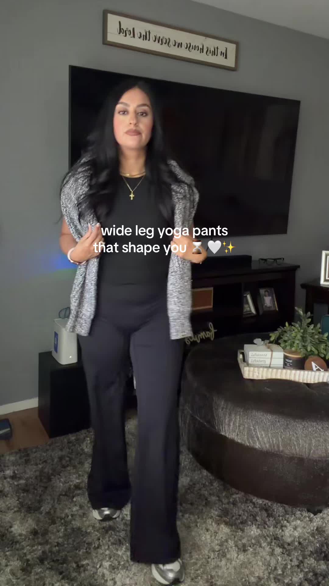 TikTok post by @vee.amez for Jojoans. Caption reads: @JOJOANS wide leg yoga pants with no front inseam....