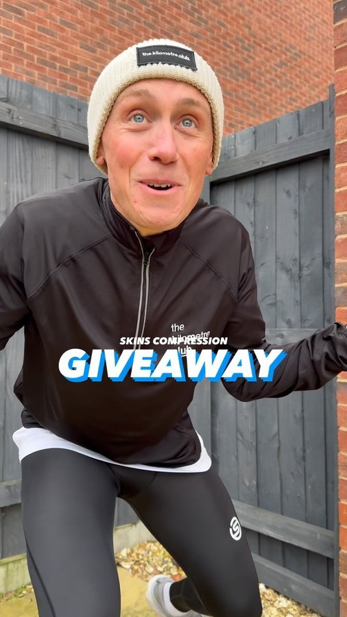 Instagram post by @thekilometreclub for SKINS Compression. Caption reads: SKINS x KMC | GIVEAWAY 🆓… 

a massive thank you....