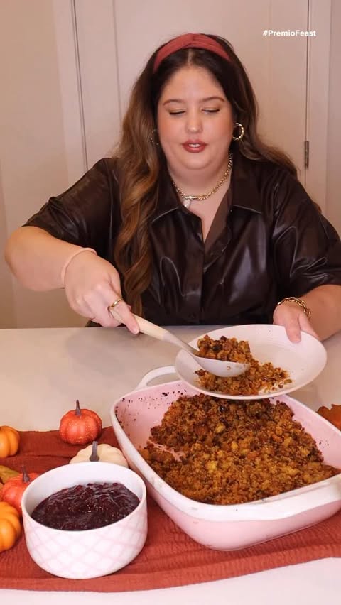 Instagram post by @kelssjourney for Premio Foods. Caption reads: this Thanksgiving stuffing is unlike anything I’ve....