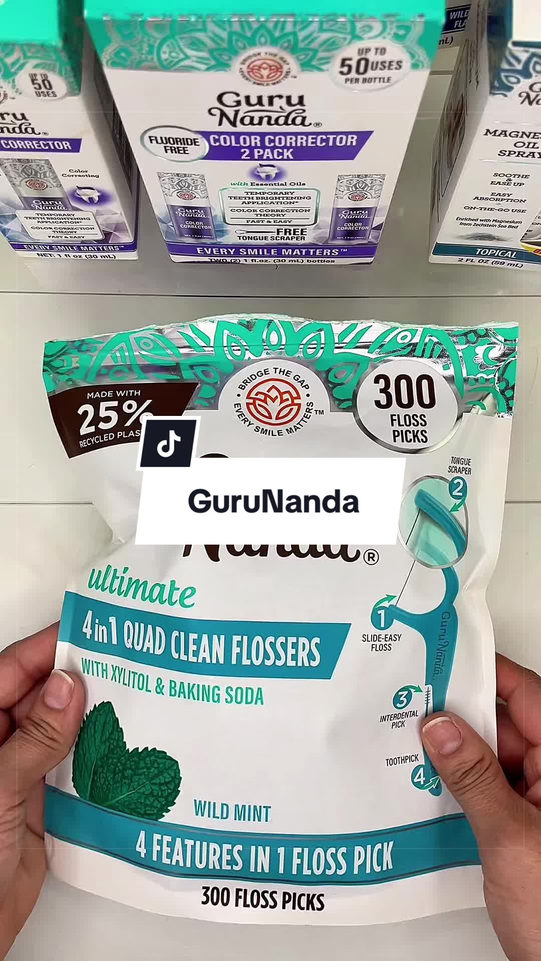 TikTok post by @liliana_monica for Gurunanda. Caption reads: GuruNanda Quad Clean Floss Picks 4-in-1 with [...].