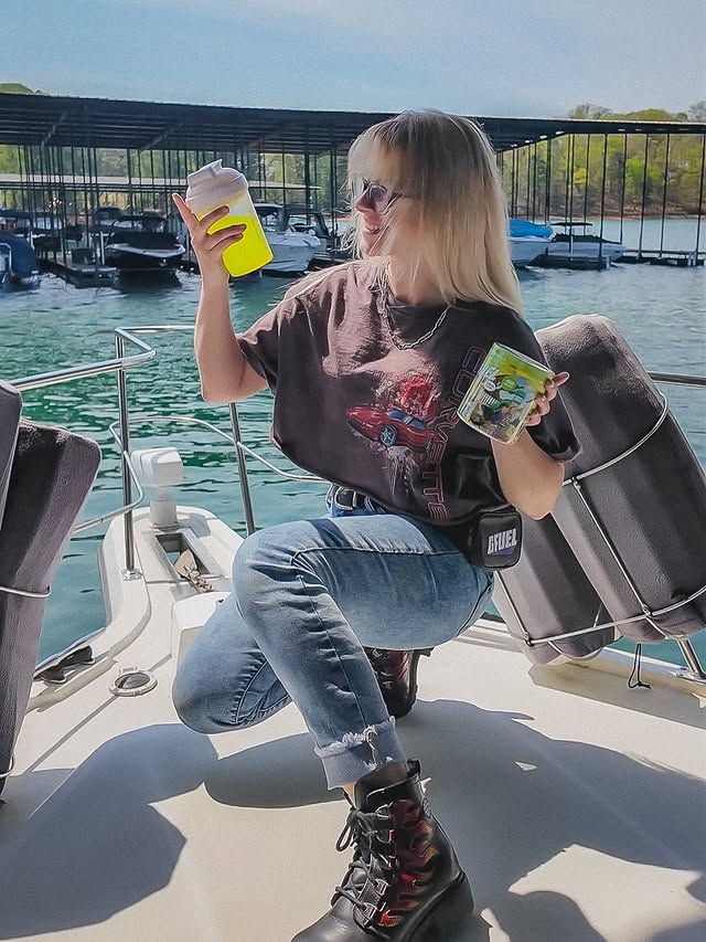 Instagram post by @noisybutters for G FUEL. Caption reads: [...] flame boots, jorts... 🔥 im so thankful....