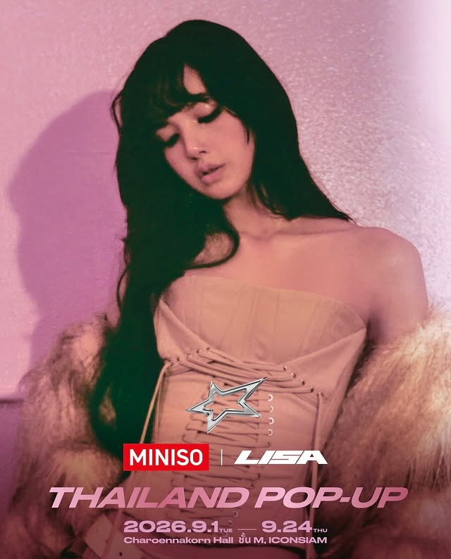 Instagram post by @teamlisaph for MINISO. Caption reads: #LISAxMINISO GLOBAL POP-UP WORLD TOUR IS ABOUT TO....