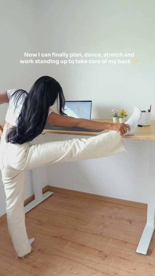 Instagram post by @kaji.pm for FlexiSpot. Caption reads: [...] to order a height-adjustable desk from....