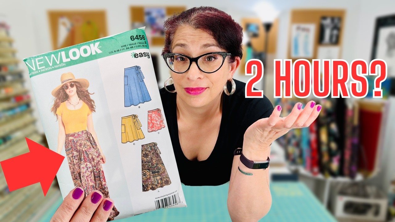 YouTube post by @SewSewLounge for GoodMood Boutique. Caption reads: I tried sewing a wrap skirt in 2 hours-- here's....