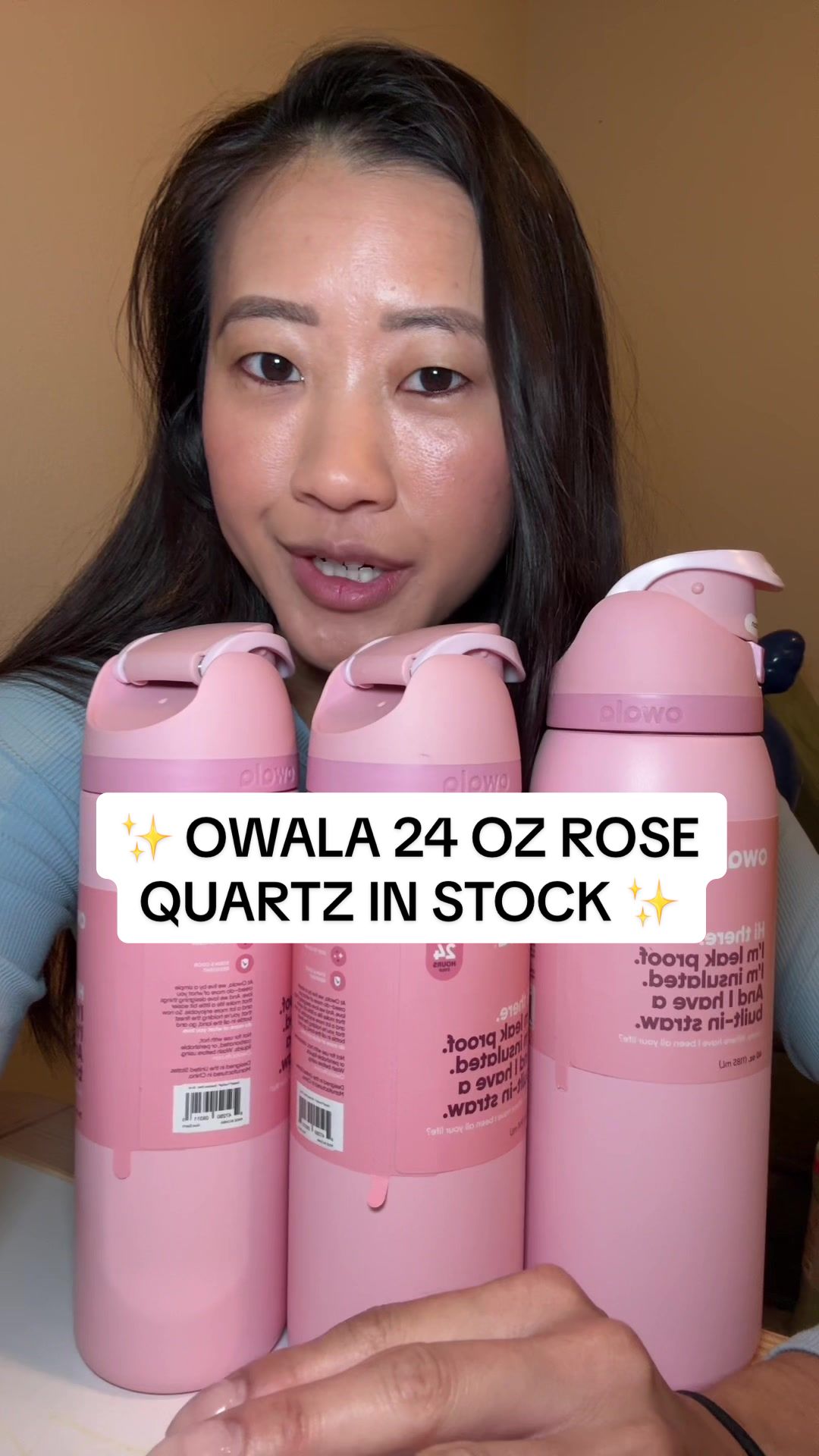 TikTok post by @dailywithcaroline for Owala. Caption reads: Owala 24 oz rose quartz is in stock [...].