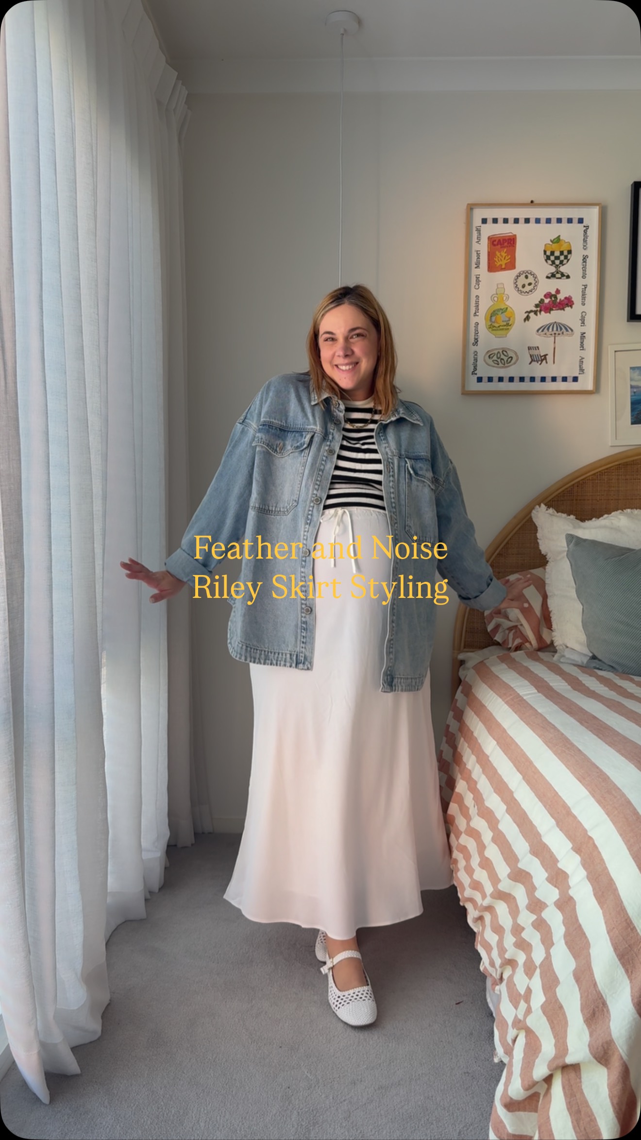 Instagram post by @itsrachelwaddell for Feather + Noise. Caption reads: Time for my skirt lovers to shine! Styling the....