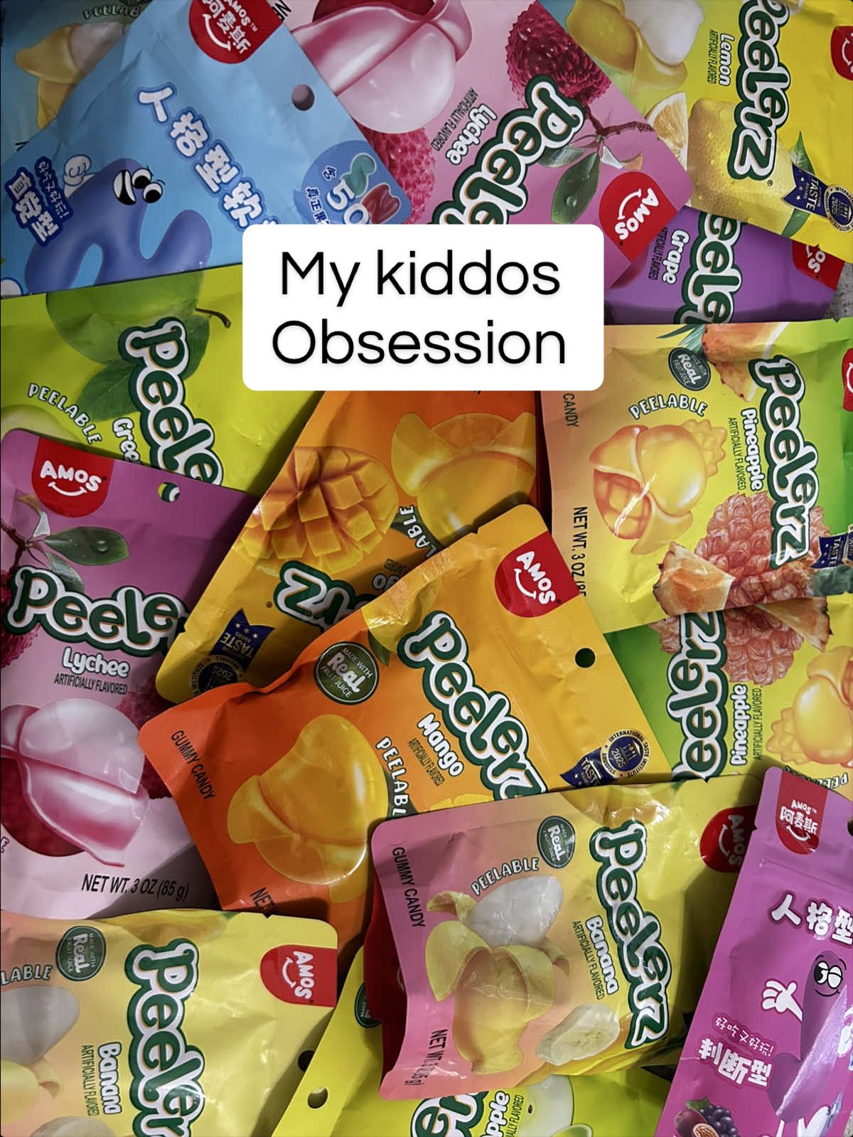 TikTok post by @nikkirivass for Amos Sweets. Caption reads: 7 flavors 2 bags each !!!! @Amos Sweets....
