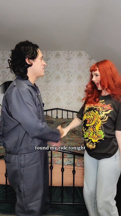 Instagram post by @ashbutton for Unique Vintage. Caption reads: Couple costume reveal 😂😂🖤

Vintage black duster....