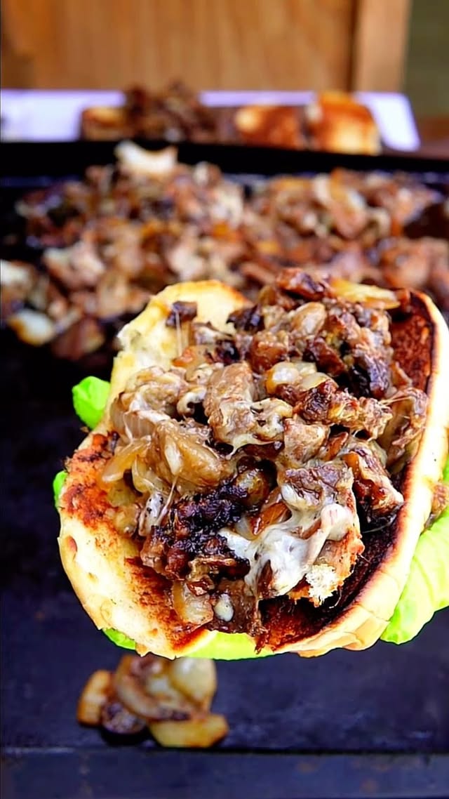 Instagram post by @bentley.bbq for Heath Riles BBQ. Caption reads: 1855 Black Angus Beef Leftover Picanha Cheesesteak....