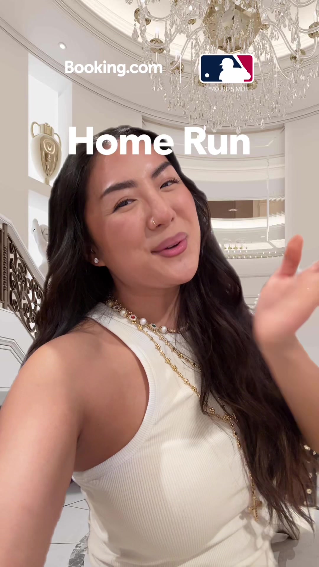 TikTok post by @janette.ok for Booking.com. Caption reads: #AD Hitting it out the park & 5-star bound with....