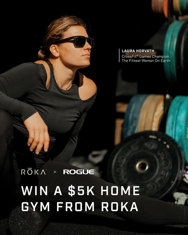Instagram post by @laurahorvaht for ROKA. Caption reads: win a $5K home gym @roguefitness and @roka are....