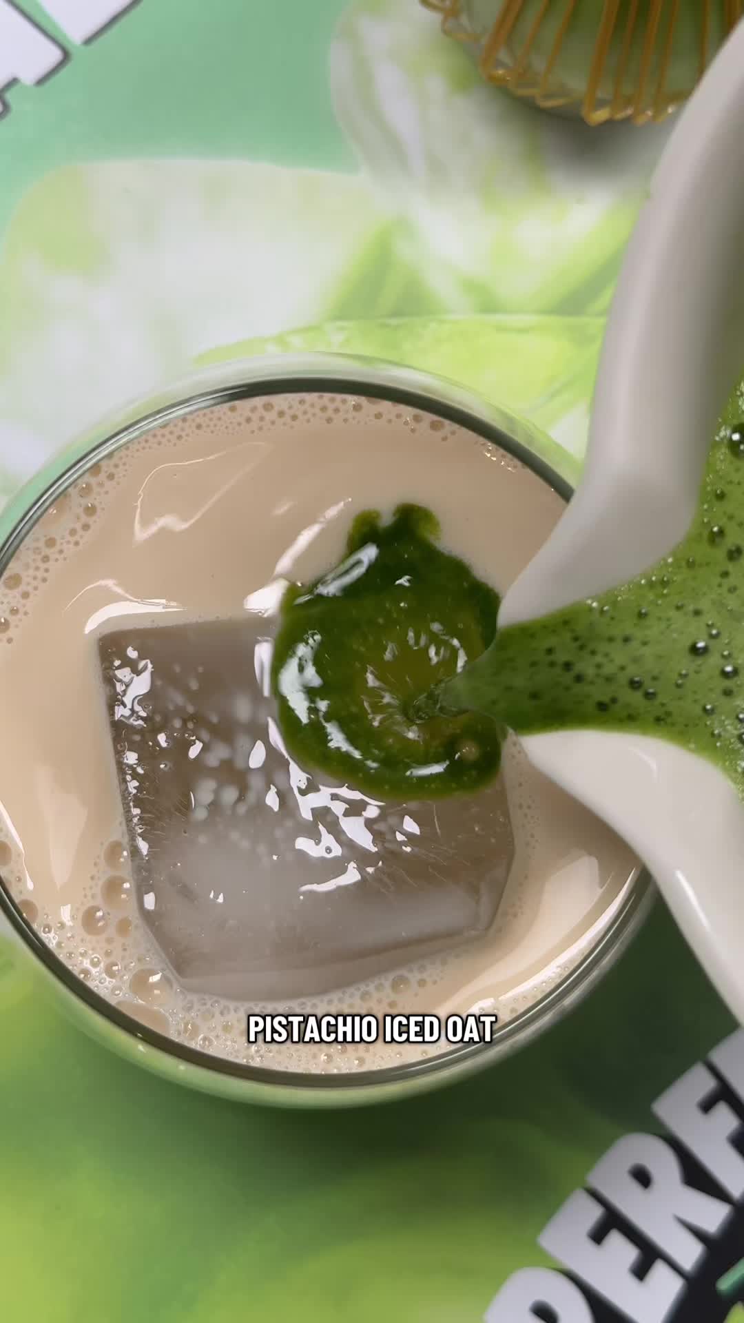 TikTok post by @violet.hollow for PerfectTed. Caption reads: Pistachio iced oat milk latte 🥛🤤 @PerfectTed....