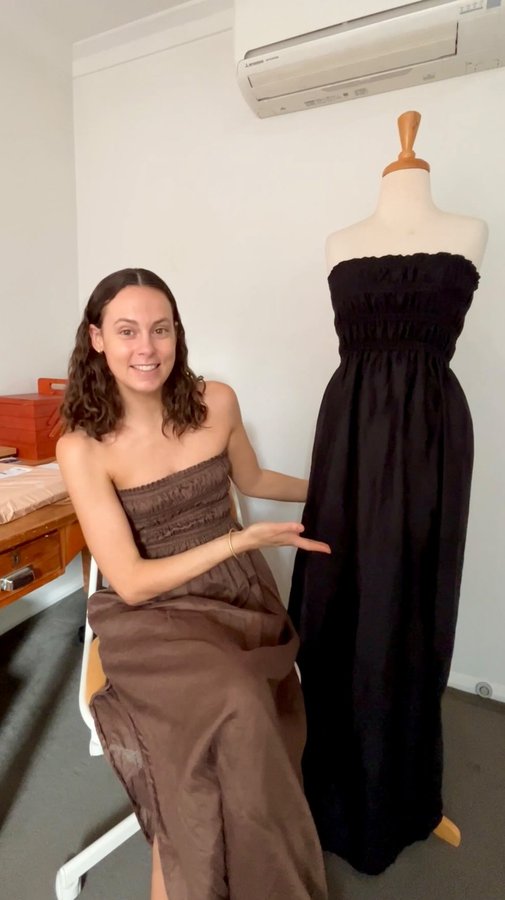 Instagram post by @georgias_portfolio for The Fabric Store. Caption reads: Free dress tutorial is now live 🫡 

Both fabrics....