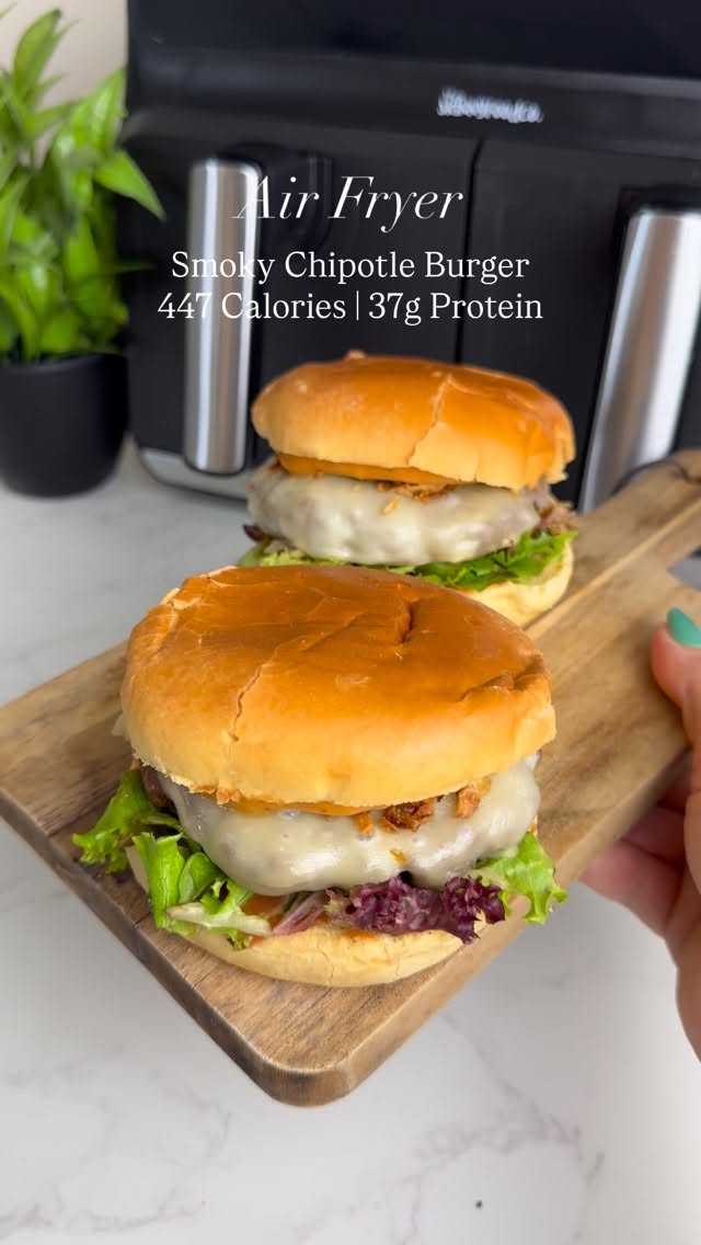 Instagram post by @slimming.gym.and.gin for The Skinny Food Co. Caption reads: Recipe in caption ⬇️ Air Fryer Smoky Chipotle....