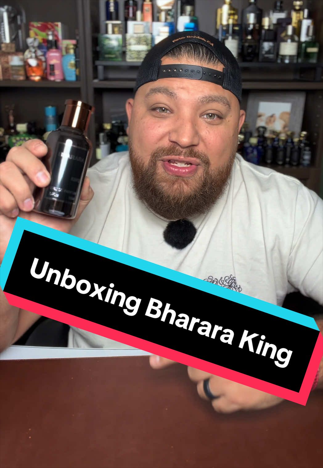 TikTok post by @geo335st for Bharara Beauty. Caption reads: [...] fragrance Bharara King inspired by @Bharara....